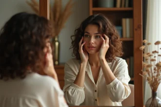 Femme aux cheveux mi-longs en coupe cuenta avec un effet wavy naturel, se coiffant devant un miroir vintage dans une chambre chaleureuse
