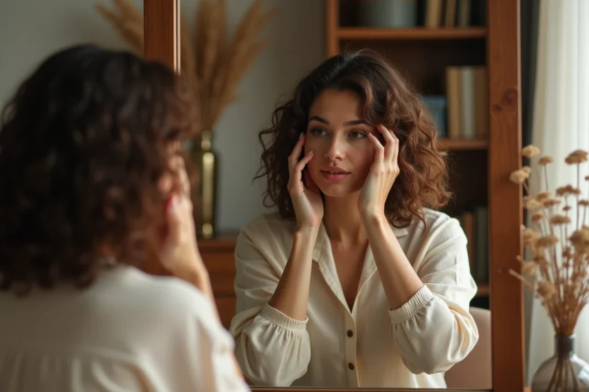 Femme aux cheveux mi-longs en coupe cuenta avec un effet wavy naturel, se coiffant devant un miroir vintage dans une chambre chaleureuse