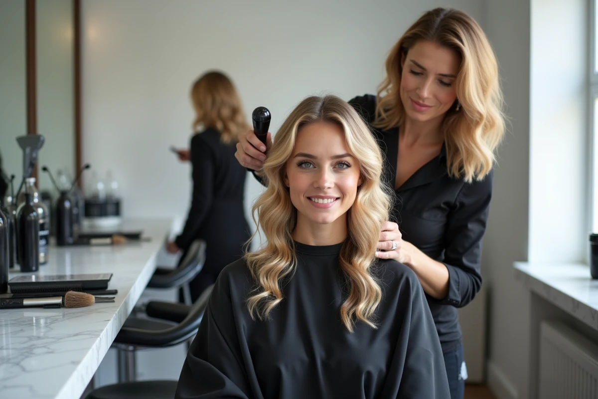 Coiffeuse appliquant une technique wavy sur une cliente avec une coupe cuenta dans un salon de coiffure moderne et minimaliste