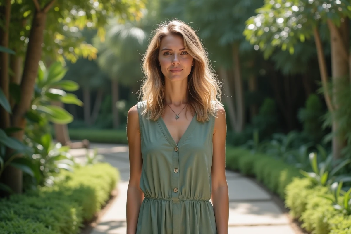 Jeune femme en robe verte avec une coupe cuenta aux ondulations wavy naturelles dans un jardin botanique verdoyant