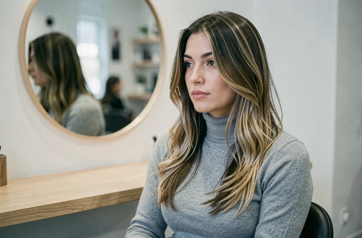 Coupe dégradé effilé sur cheveux fins longs avec ondulations légères et volume naturel en intérieur