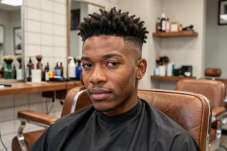 Jeune homme avec une coupe taper fade sur cheveux afro réalisée dans un salon de coiffure professionnel