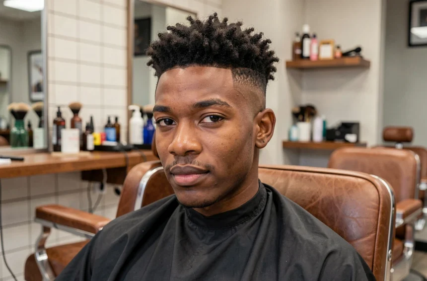 Jeune homme avec une coupe taper fade sur cheveux afro réalisée dans un salon de coiffure professionnel