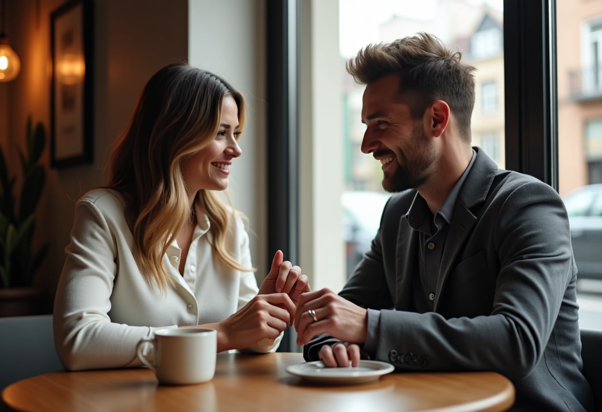 Couple échangeant une bague de fiançailles au café