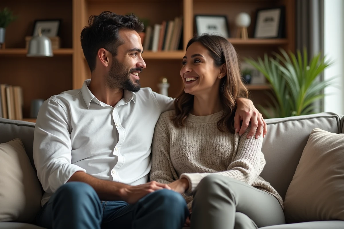Couple en conversation détendue sur un canapé, discussion intime et bienveillante entre partenaires sur les habitudes de soin masculin