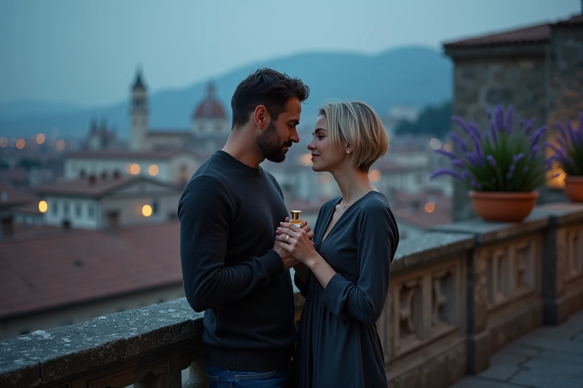 Couple romantique sur un balcon en pierre tenant un flacon de parfum musc avec vue sur une ville européenne au crépuscule
