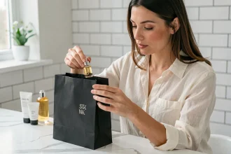 Femme déballant une commande Space NK avec des produits de soin de luxe sur un comptoir en marbre blanc dans une salle de bain moderne