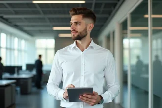 Homme en tenue professionnelle avec un dégradé blanc soigné au bureau dans un open space moderne