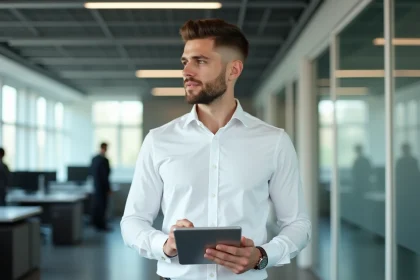 Homme en tenue professionnelle avec un dégradé blanc soigné au bureau dans un open space moderne