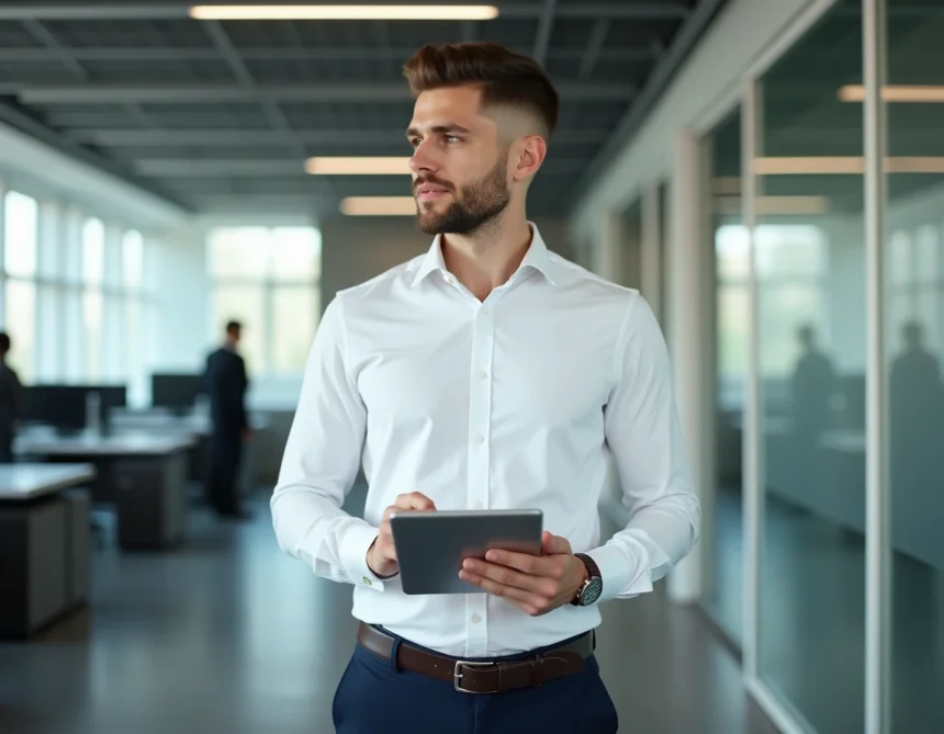 Homme en tenue professionnelle avec un dégradé blanc soigné au bureau dans un open space moderne
