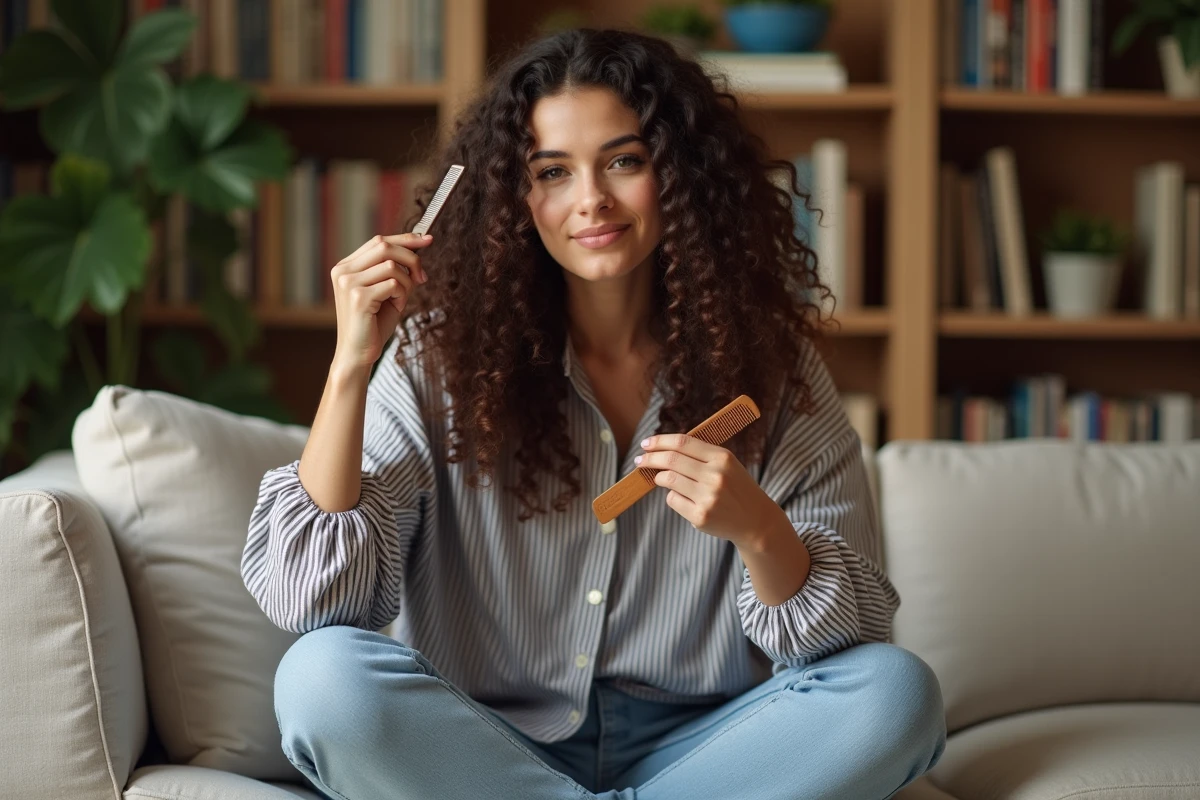 Femme démêlant ses cheveux bouclés longs avec un peigne à larges dents sur un canapé en lin