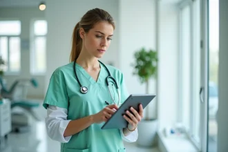 Dentiste professionnelle consultant un avis sur tablette dans une clinique dentaire moderne