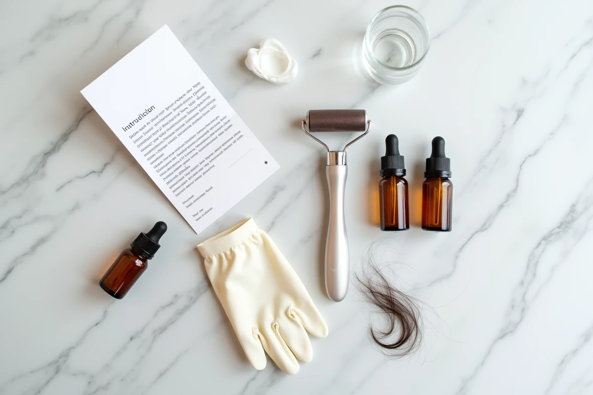 Dermaroller capillaire posé sur marbre avec sérums et accessoires pour soin du cuir chevelu