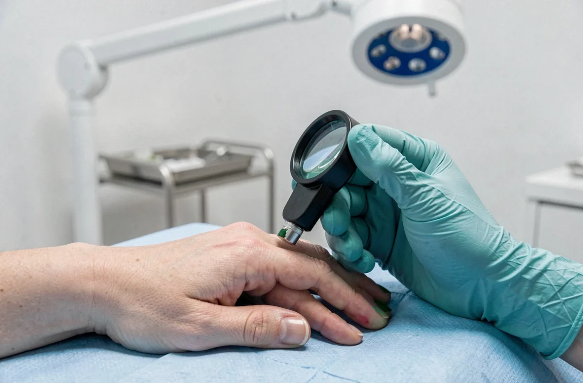 Dermatologue examinant un ongle verdâtre et décollé avec une loupe médicale lors d'une consultation spécialisée