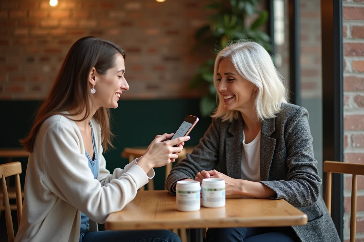 Deux femmes discutant des avis positifs et négatifs sur le produit cosmétique Nuvaskin dans un café