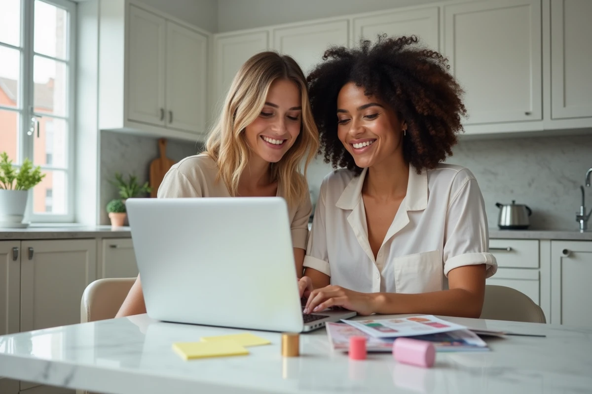 Deux amies préparant ensemble leur wishlist pour la vente au personnel L'Oréal avec un ordinateur portable et des brochures de produits