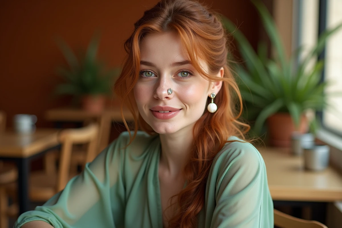 Femme arborant un ear stack élaboré avec plusieurs piercings du haut de l'oreille dont un daith et des goujons conch ornés de pierres