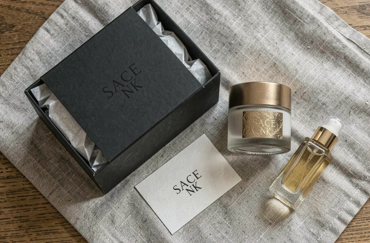 Flat lay détaillé de l'emballage Space NK avec boîte noire mate, papier de soie, produits cosmétiques de luxe et carte de la marque