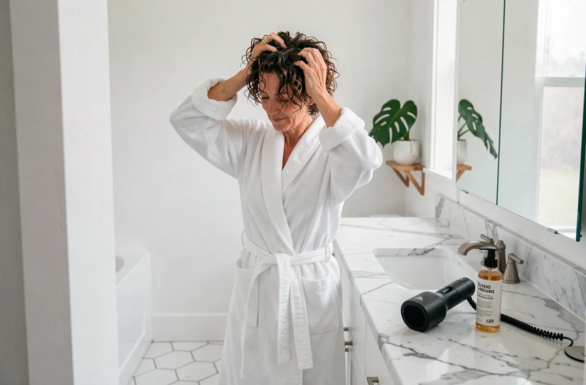 Femme en robe de bain sculptant ses boucles de permanente garçon dans une salle de bain moderne après lavage