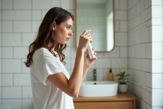 Femme appliquant un spray capillaire trop près des racines, erreur courante avec le Wow Spray dream coat dans une salle de bain moderne