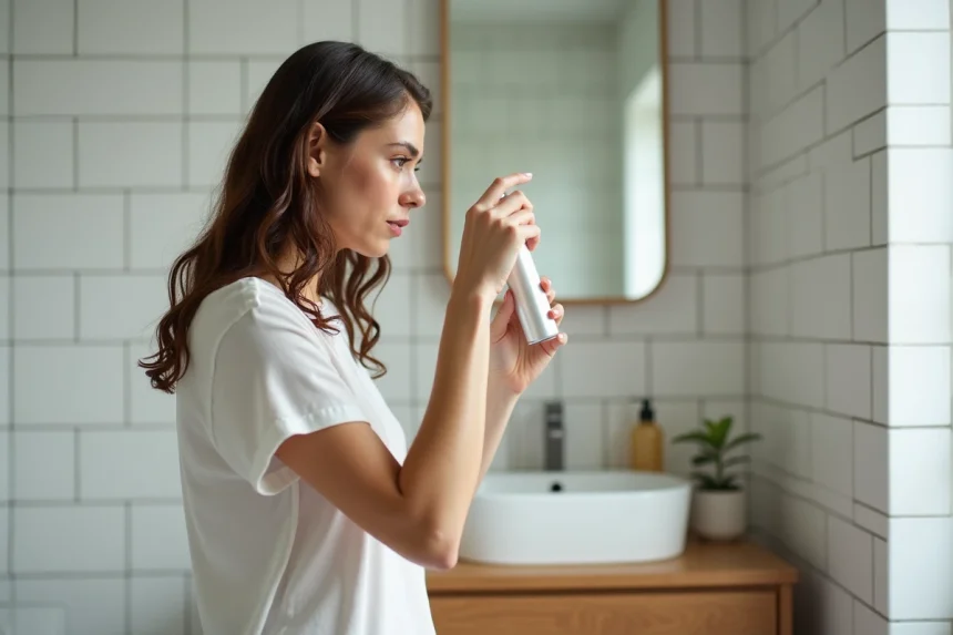 Femme appliquant un spray capillaire trop près des racines, erreur courante avec le Wow Spray dream coat dans une salle de bain moderne
