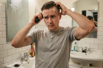 Jeune homme tentant de se couper les cheveux seul avec une tondeuse dans une salle de bain, illustrant les erreurs courantes de coupe pour débutants