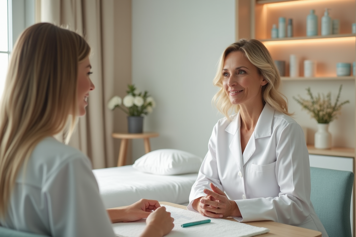Estheticienne expliquant un traitement à une cliente dans un cabinet