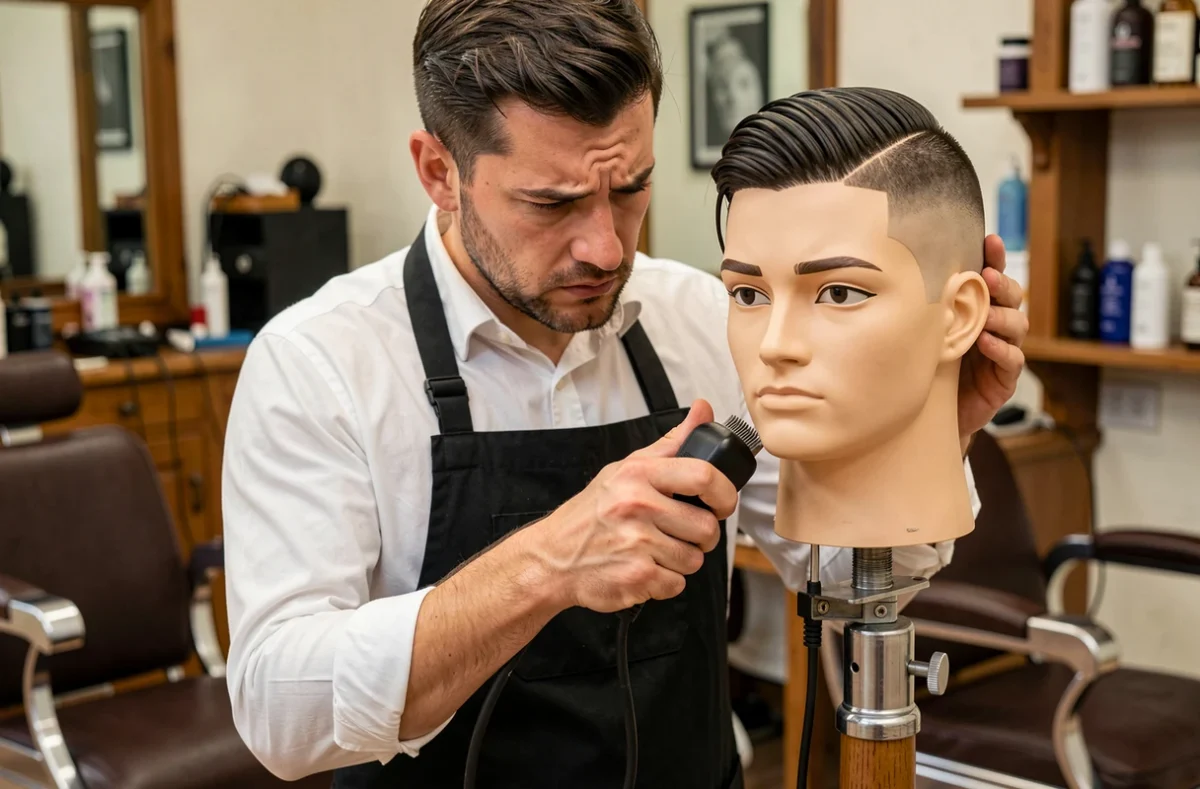 Étudiant barbier débutant examinant une coupe de fondu asymétrique sur une tête mannequin dans un salon de coiffure professionnel