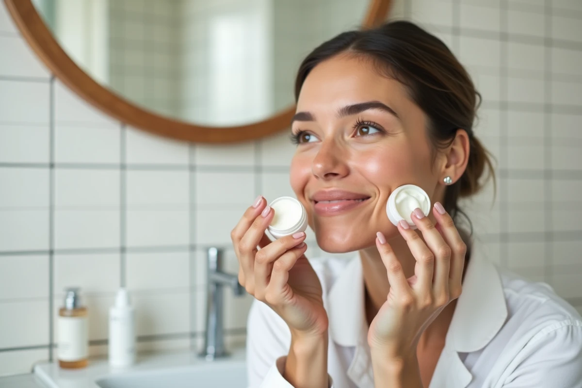 Femme appliquant une crème hydratante Cien Lidl sur son visage devant le miroir de sa salle de bain