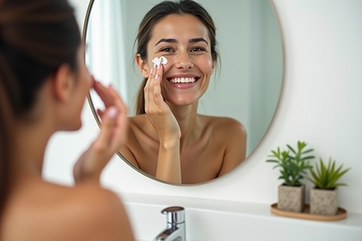Femme souriante appliquant une creme bio sur son visage dans une salle de bain claire