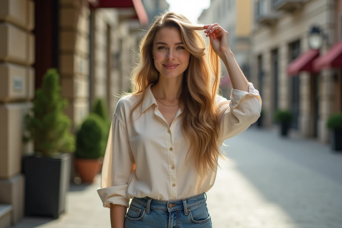 Femme après la pose d'extensions de cheveux longs et ondulés, souriante en extérieur dans une rue urbaine, illustrant le résultat naturel d'une transformation capillaire