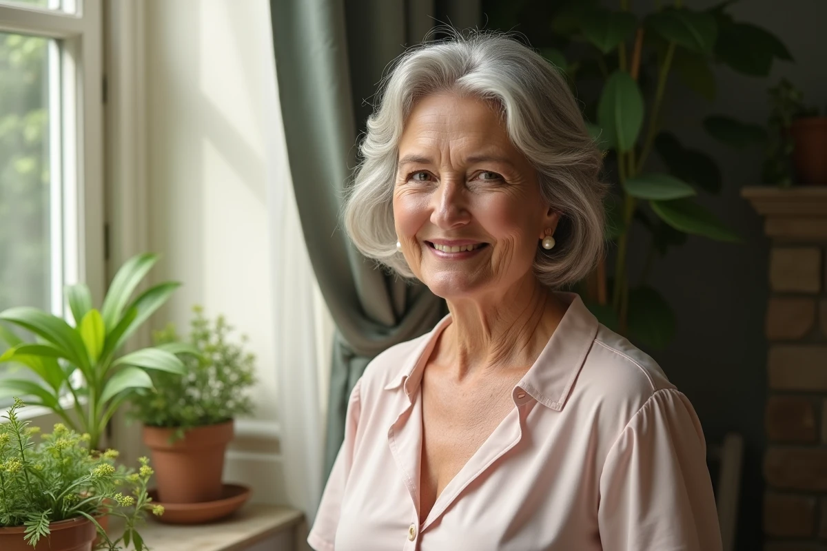 Femme mature ajustant sa coupe dans un jardin lumineux