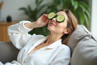 Femme en peignoir blanc posant des tranches de concombre sur les yeux
