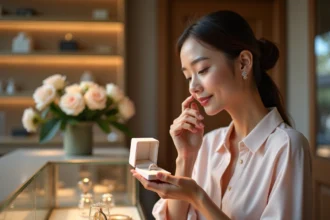 Jeune femme contemplant des anneaux de fiançailles en bijouterie