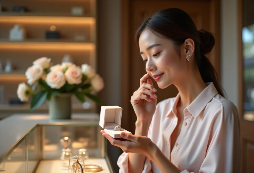 Jeune femme contemplant des anneaux de fiançailles en bijouterie