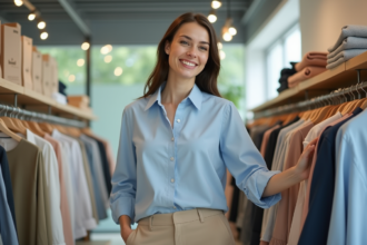 Femme souriante dans une boutique de vêtements moderne