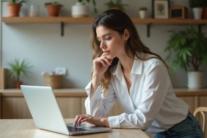Femme en blouse blanche regardant un site de coiffures sur son ordinateur