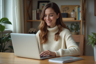 Femme assise à son bureau regardant un site de parfum