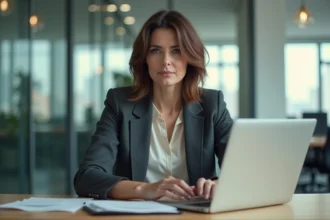 Femme en bureau portant une perruque professionnelle