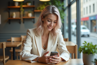 Femme élégante avec cheveux pastel dans un café moderne