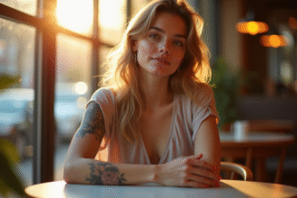 Jeune femme au café avec tatouage floral élégant