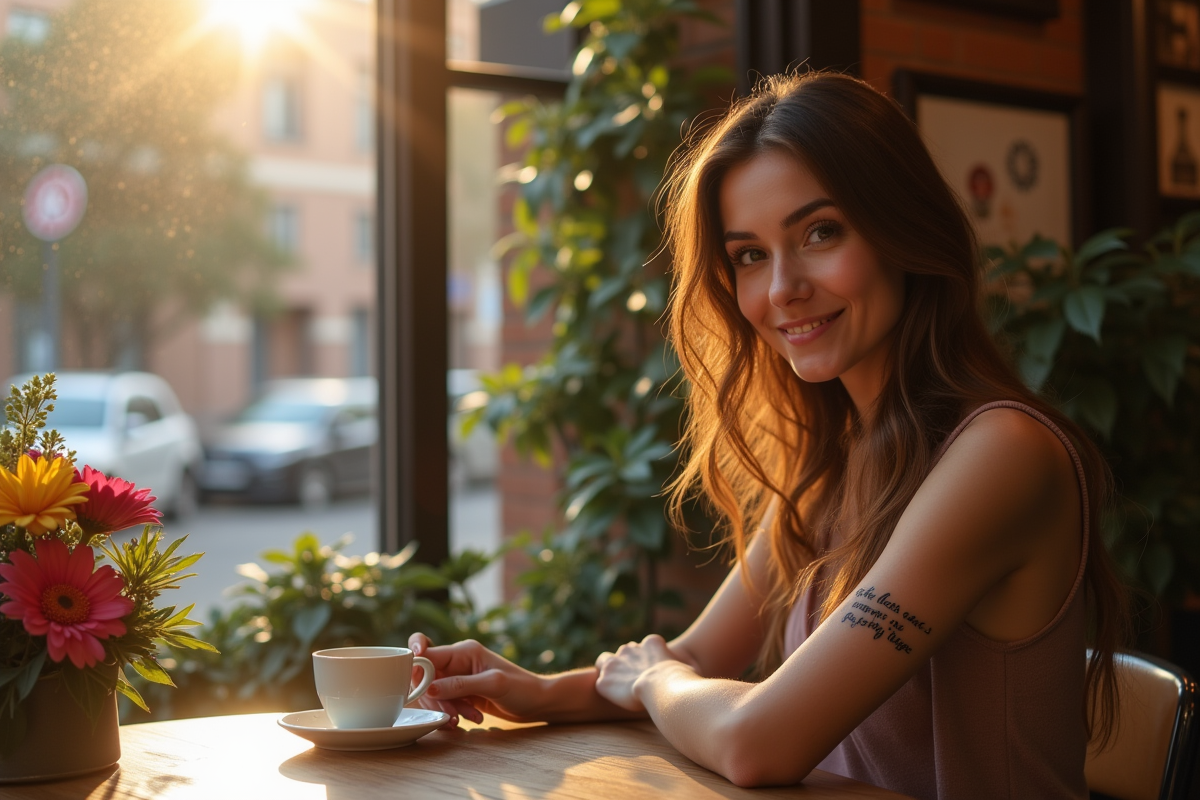Femme assise au café avec tatouage au poignet visible