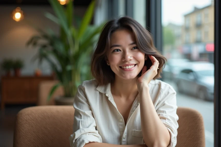 Jeune femme souriante dans un café urbain en linen