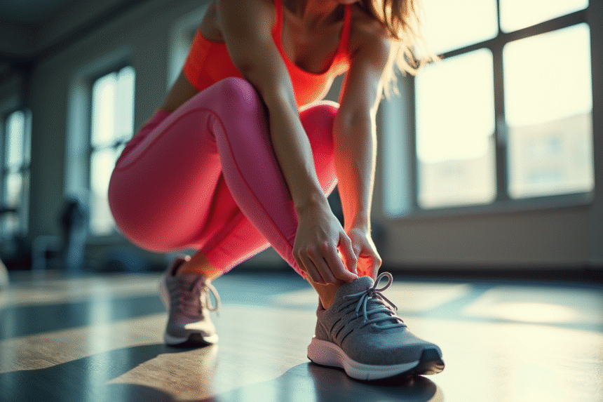 Femme nouant ses sneakers dans une salle de sport lumineuse