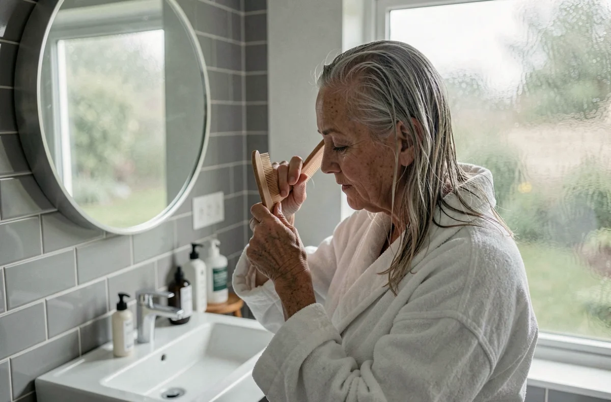 Femme mature aux cheveux gris fins se coiffant dans une salle de bain à domicile