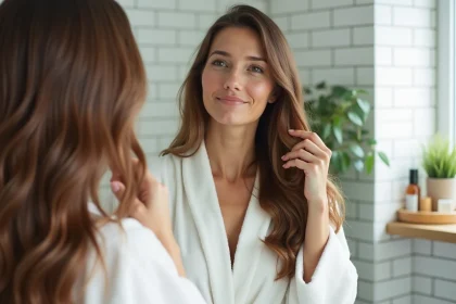 Femme aux cheveux longs bruns sains se regardant dans le miroir de la salle de bain, illustrant la pousse des cheveux