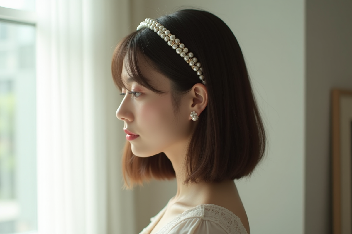 Femme avec carré droit et headband en perles