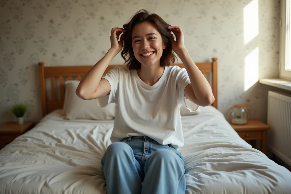 Femme coiffant ses cheveux courts dans la chambre