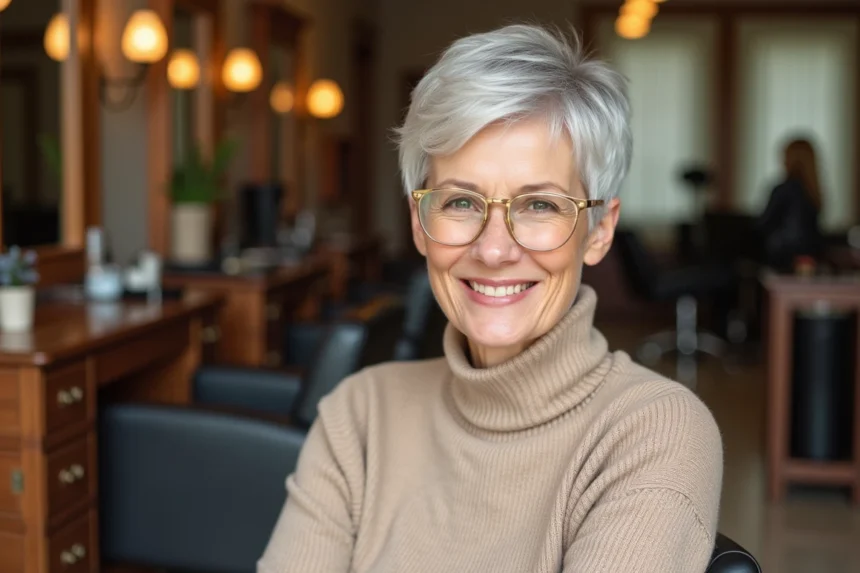 Femme élégante avec coupe shaggy dans un salon de coiffure