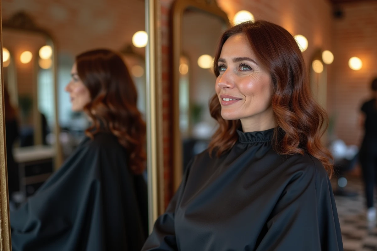 Femme admirant sa coloration capillaire fraîche dans le miroir d'un salon de coiffure à Marseille